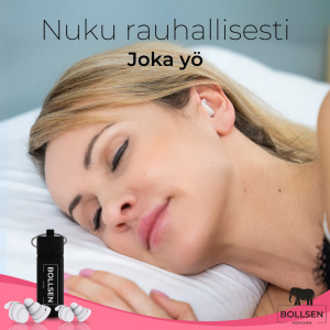 Nainen nukkuu rauhallisesti BOLLSEN Life+ Pink Edition -korvatulppien kanssa – mukavuutta ja melunsuojausta